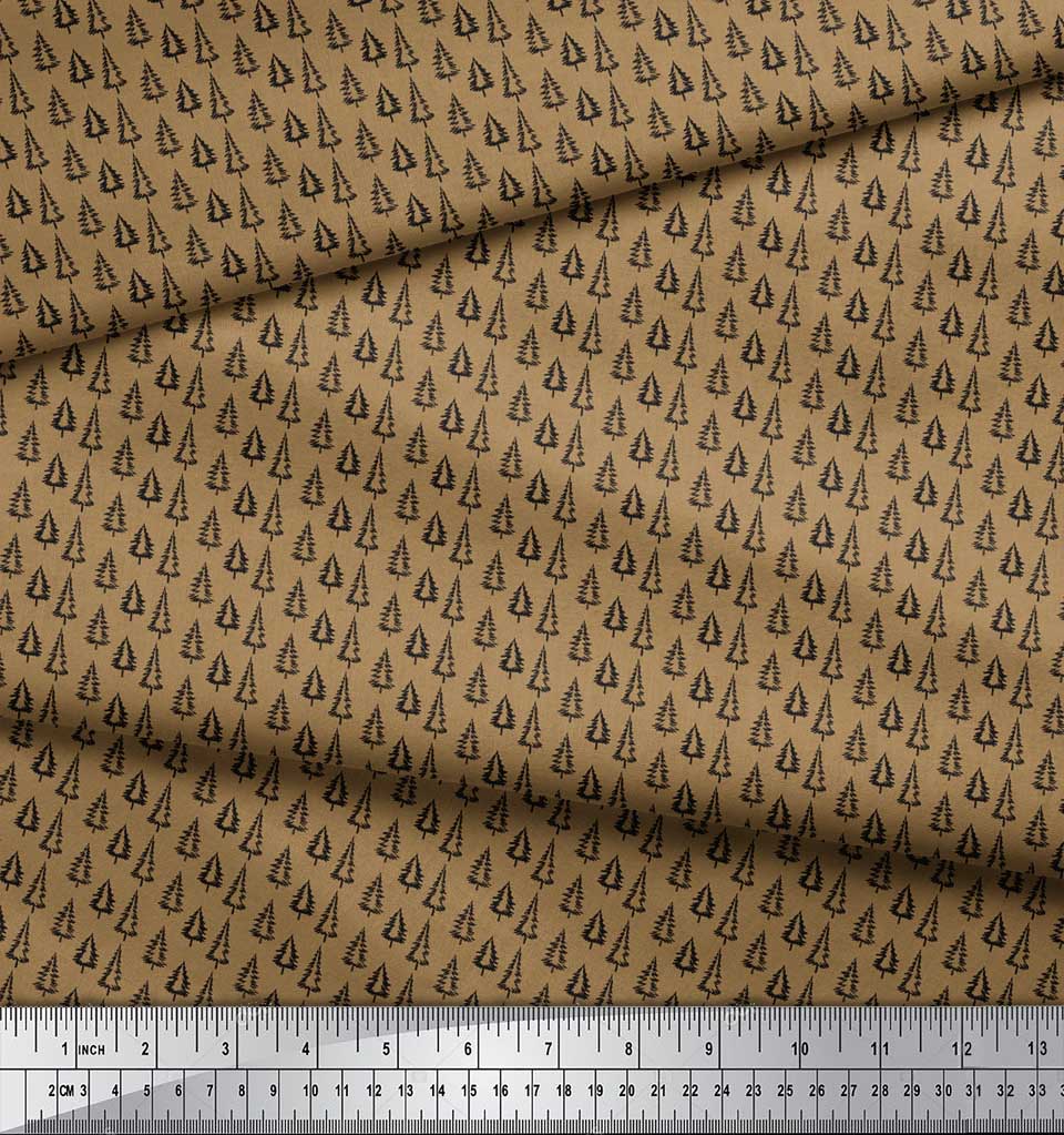 Soimoi Brown Japan Crepe Satin Fabric Stencil Christmas Tree Printed Fabric 1 metre 42 Inch