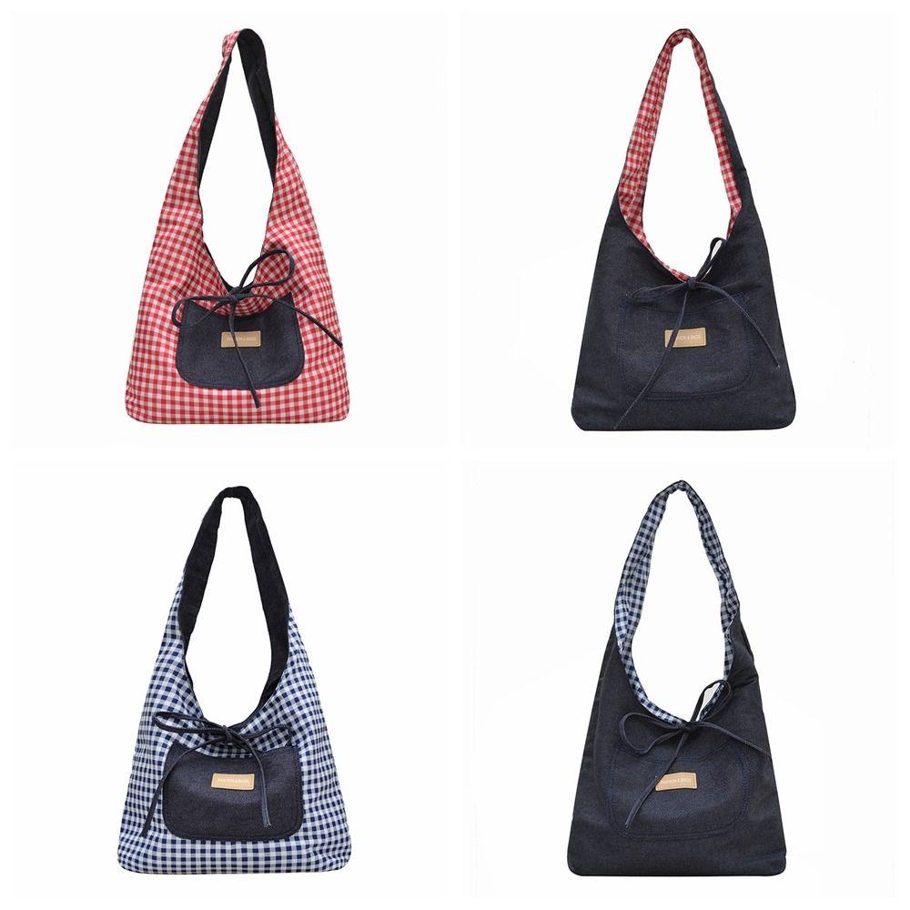 Cloth Denim Shoulder Bag Japanese Style Canvas Tote Bag Double Sided Plaid Denim Vest Bag  Travel