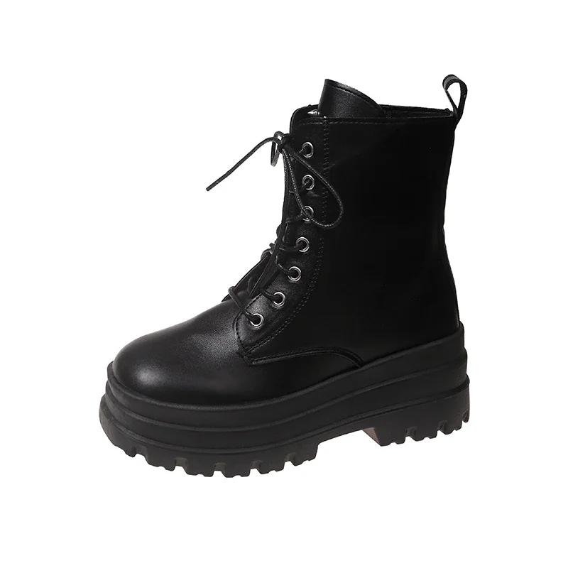 2026New Boots for Women Fashion Thick Sole High Heel Boots Lace Up Platform Boot Side Zip Ankle Boot Classic Black Leather Botas