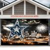 A 2D flat banner in 1 piece with a denim star and city skyline background as the decorative backdrop for a photo prop.PMJ