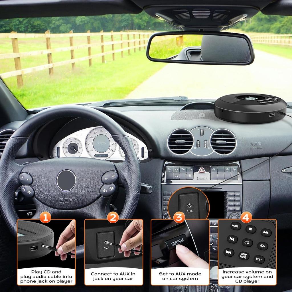 Портативный CD-плеер с динамиками и Bluetooth: Перезаряжаемый Discman с наушниками, защита от прыжков-CD/MP3/USB/BT-передатчик/AUX