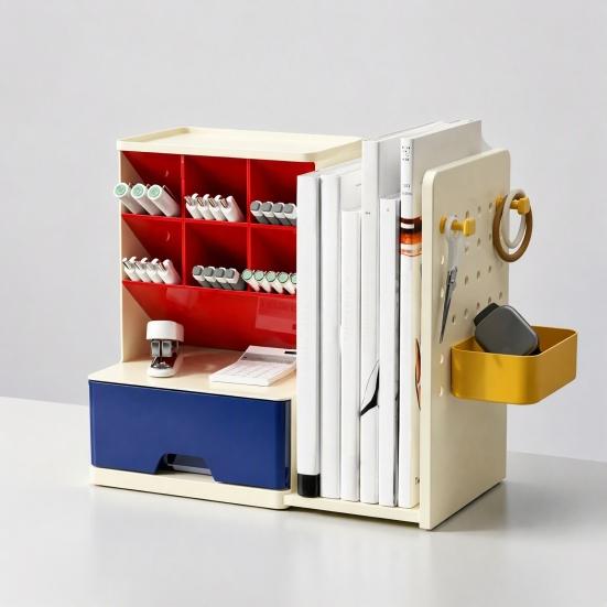 Adjustable Side Hook Board Pen Organizer with Retractable Bookends And Pegboard, Multi-Functional Angled Makeup Desk Holder Brush Holder, Compact