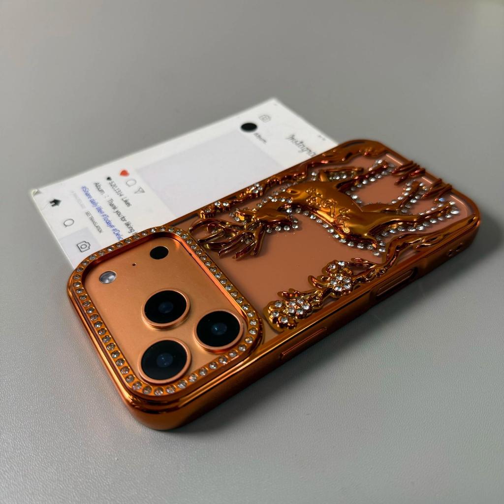 Чехол для iPhone 17 Pro Max, 3D дизайн с оленем из страз, Гальванизированный защитный чехол для Apple 16.