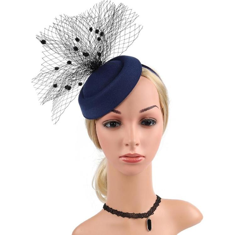 Классическая женская шляпа и заколка-fascinator для волос, обруч-вуаль из сетки темно-синего цвета, шляпа для платья на свадьбу, чаепитие, коктейль, особое событие