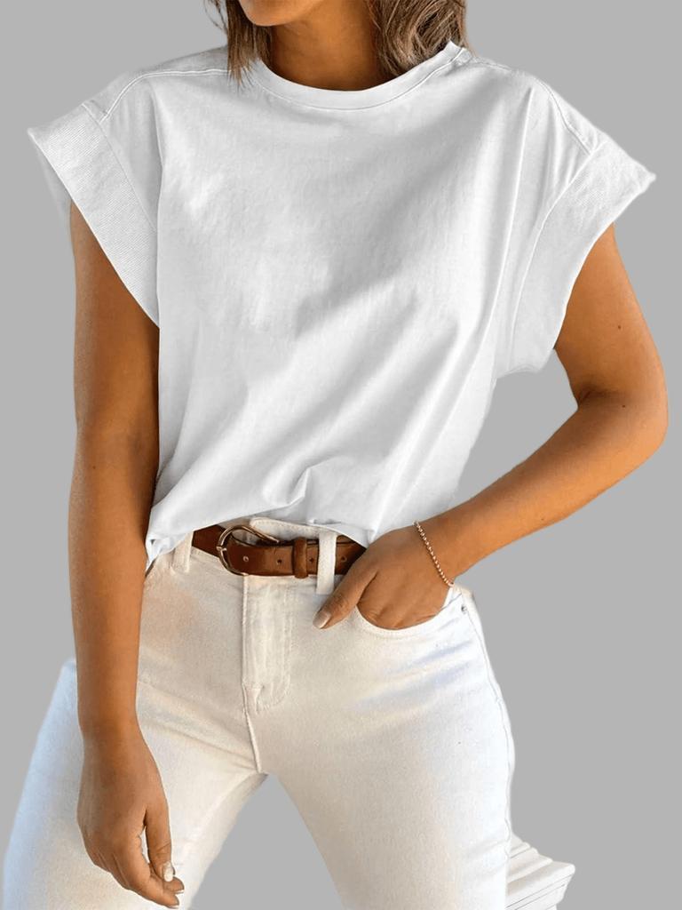 Women's Loose Basic Cap Sleeve T-Shirt Crew Neck Figure Friendly Summer Casual Top