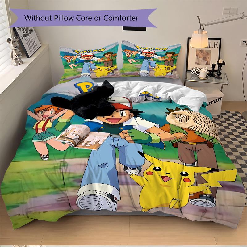 3pcs Pokémon with Friends Printed Quilt Set - Soft and Comfortable Quilt Cover for Bedroom, Guest Room and Dormitory Decorative Bedding Set