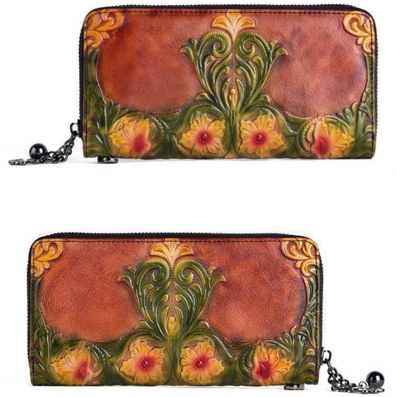 Johnature First Layer Cow Leather Luxury Women Hand Wallet Retro Embossed Large Clutch Wallets Card Holder Phone Purse