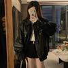 Gothic Grunge Y2k Black Retro Loose Coat Spice Girl Lapel Motorcycle Jacket Leather Coat Women Fashion Zipper Design High Street Clothing New
