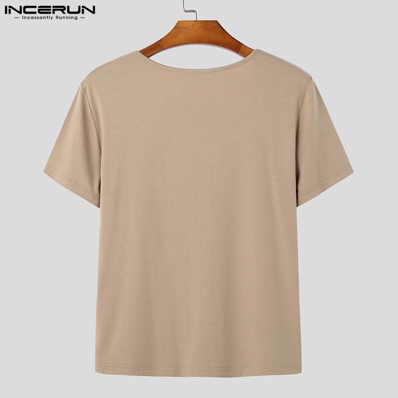 INCERUN Летние мужские футболки с коротким рукавом и U-образным вырезом на молнии, повседневные облегающие футболки, короткие топы