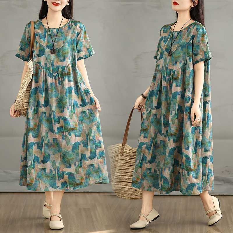 Летнее ретро платье из хлопка и льна с круглым вырезом и короткими рукавами, женская свободная юбка