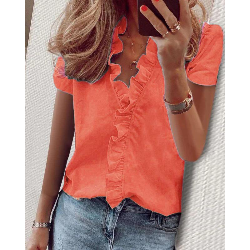 YYFS Women's Fashion Casual Summer Spring Solid Color Print Short Sleeve V-Neck Blouses & Shirts
