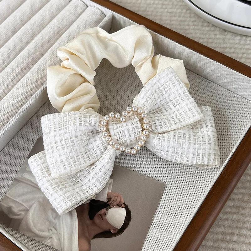 Новые кольца-резинки для волос с бантом, женские, милые, с жемчугом и сердечком, эластичные повязки на голову, аксессуары для волос для девочек, резинки для держателя хвостика