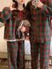 Корейский клетчатый рождественский пижамный комплект для девочек - воротник Питер Пэн, длинный рукав и брюки, осенне-зимняя домашняя одежда