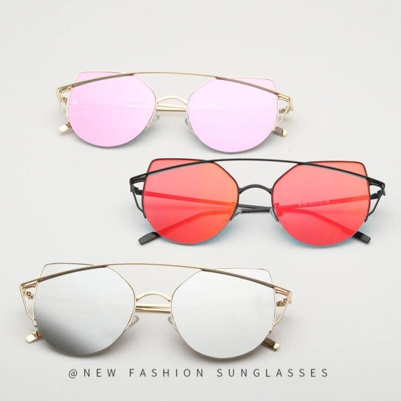 Зеркальные женские солнцезащитные очки «кошачий глаз» с плоскими линзами, классические брендовые дизайнерские солнцезащитные очки с двумя лучами в оправе из розового золота для женщин