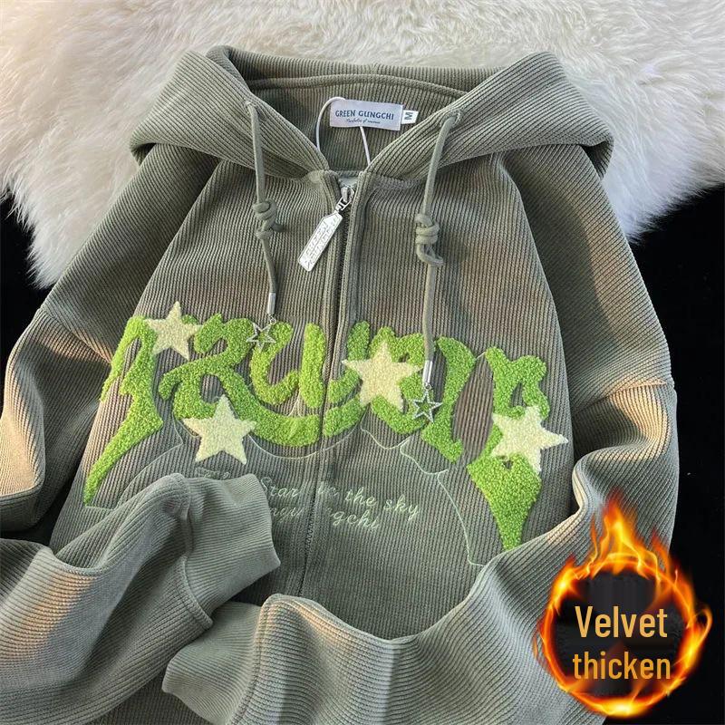 Мужской винтажный вельветовый кардиган с капюшоном на флисовой подкладке