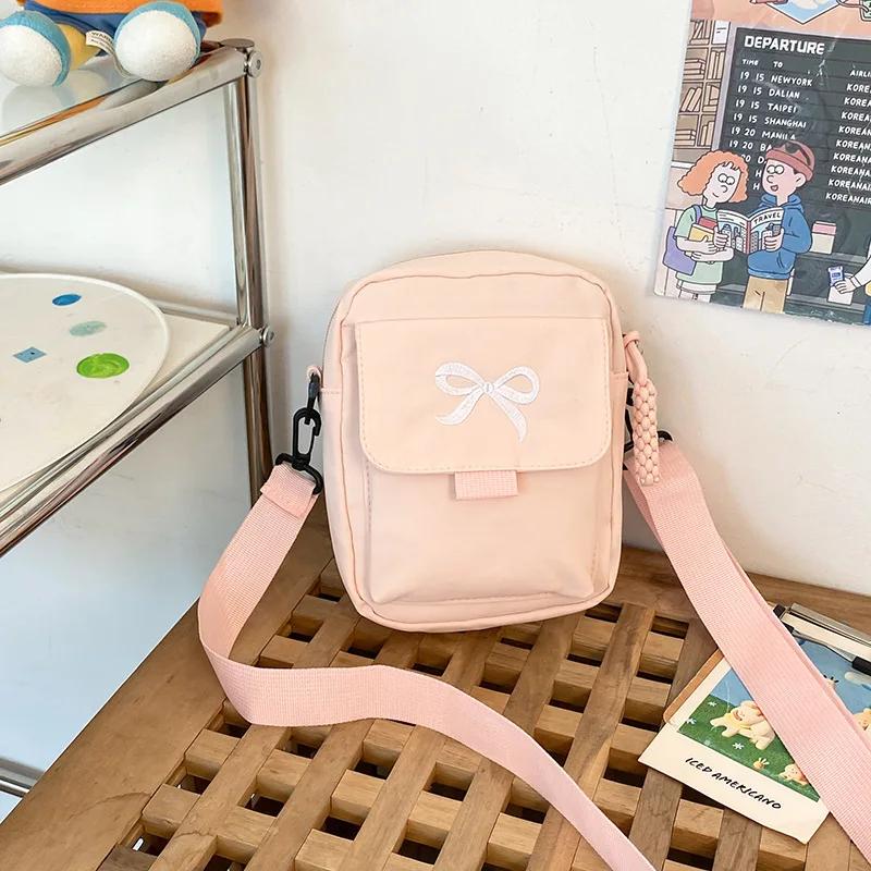 Fashion Bow Women's Nylon Shoulder Bag Solid Color Versatile Mini Crossbody Bag Trendy Multi-purpose Mobile Phone Storage Bag