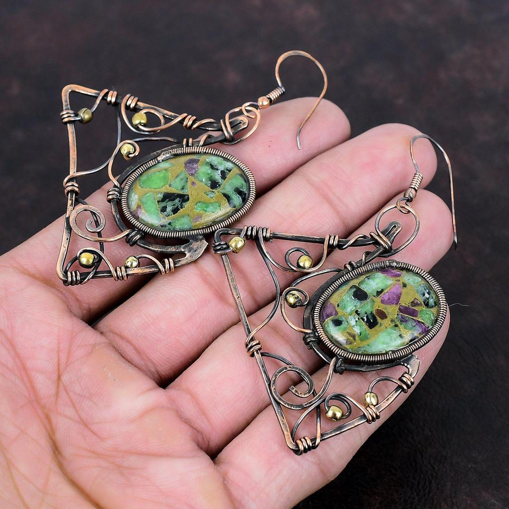 Copper Ruby Zoisite Earring Copper Wire Wrapped Earrings Designer Earring Handmade Jewelry Genuine Gemstone Earring Copper Jewelry For Gift