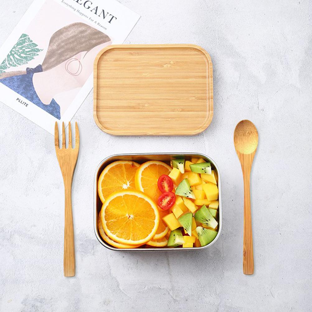 Stainless Steel Bento Lunch Box Metal Containers Wood Lid with 3Pcs Cutlery Set Lunch Box for