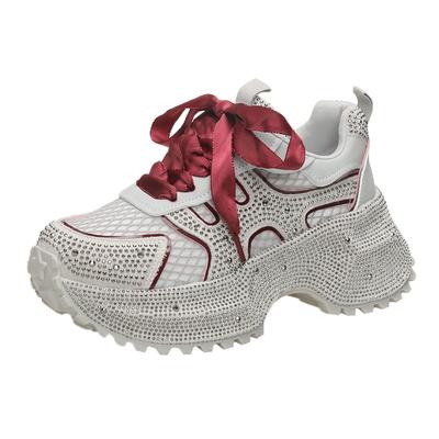 Мода 7см Летние Роскошные Дизайнерские Женские Кроссовки Daddy со Стразами Толстая Подошва Сетка Розовые Милые Женские Тенниски на Платформе Весна