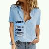 Женская мода с воротником-лацканом, летние и осенние блузки с принтом, женская футболка с коротким рукавом, хлопковая льняная футболка
