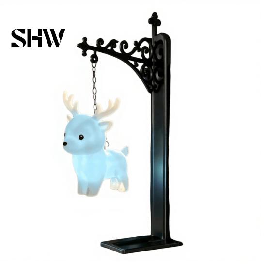 Retro Dark Fantasy Decor Hanging Magic Owl Bird Deer Bookend Lamp, Gothic Metal Bookshelf Light, Magical Lantern for Reading Nook Vintage Library