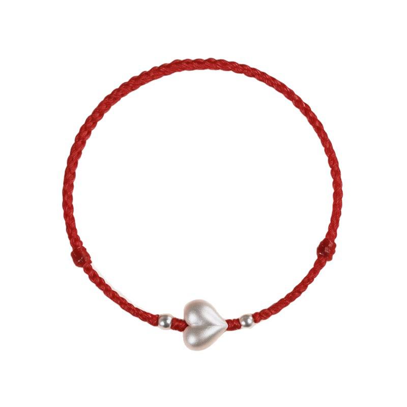 Sterling Silver 999 Peach Heart Bracelet with Red Woven Rope and Acacia Beans - Women's Niche Gift Couples Jewelry