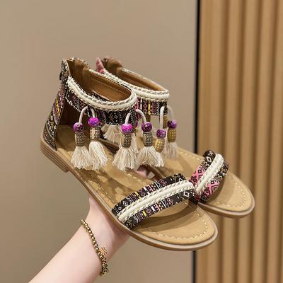 Женские бохо-сандалии Летние туфли на плоской подошве Женские повседневные туфли с открытым носком Женские слипоны с кисточками Пляжные удобные сандалии для женщин