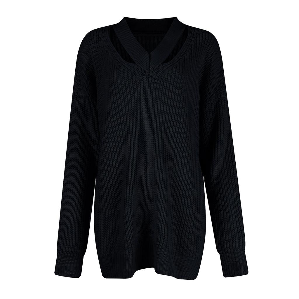 Женский модный свободный свитер с V-образным вырезом и длинным рукавом, однотонный повседневный свитер