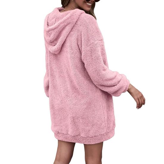 Женское платье с капюшоном и большим карманом, с длинными рукавами, из плотного плюша, однотонное, свободное мини-платье, повседневная одежда, повседневный топ средней длины