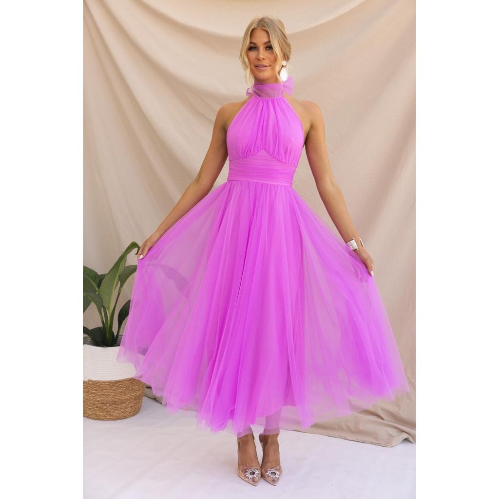 Women Evening Dress Sleeveless Layered Collar Open Back Halter Neck Lace Up High Off Shoulder Mesh Hem