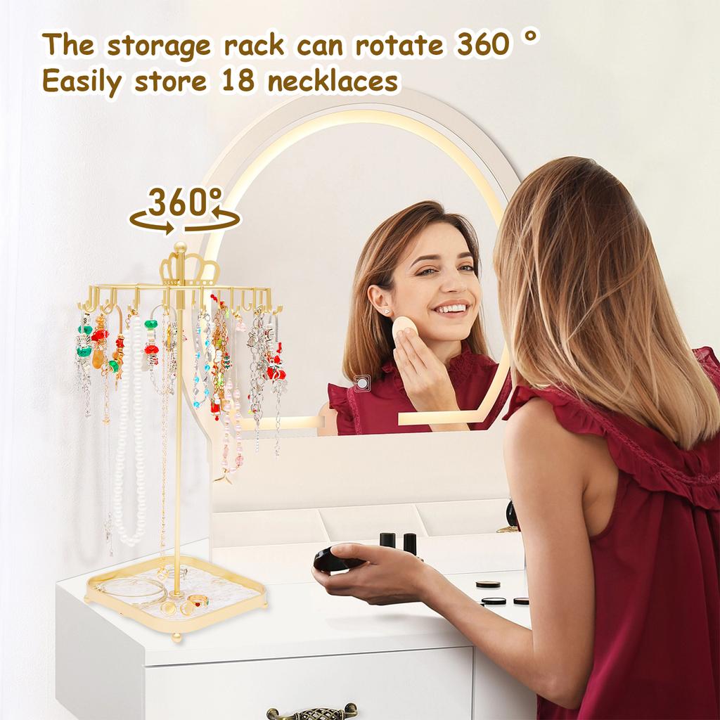 Rotating Necklace Holder Stand 360° Rotation Iron Necklace Organizer Stand with Acrylic Tray and 18 Hooks Jewelry Display Stand