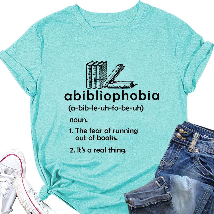Summer new round neck casual Tshirt abibliophobia book print loose short sleeve top Womens allmatch fashion pullover
