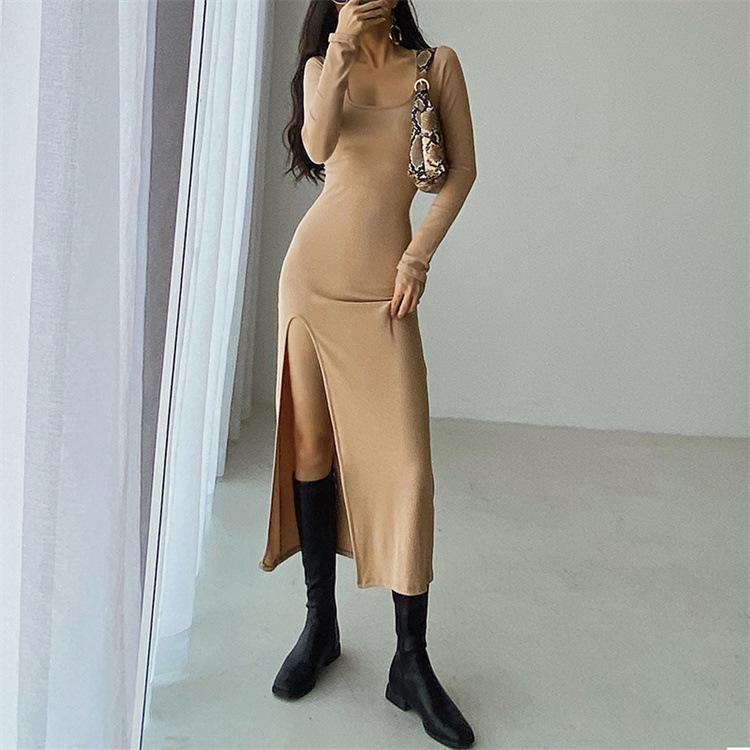 YPFF New Autumn Women's Slim Fit High Slit Long Sleeve Dress - Elegant, Sexy Solid Color Skirt