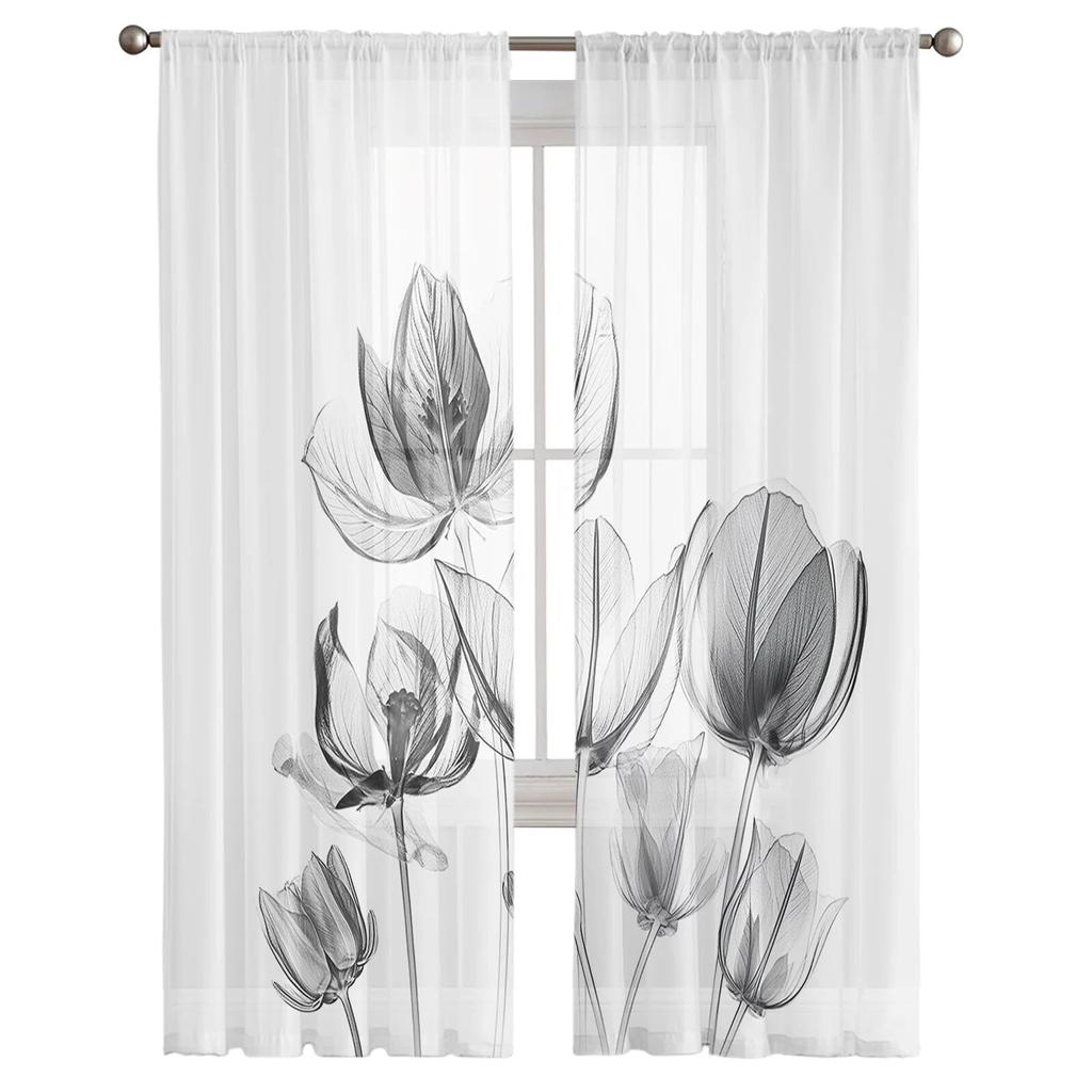 Flower Laser Tulip Transparent Bedroom Transparent Sheer Curtains Holiday Decoration Window Voile Tulle Curtain