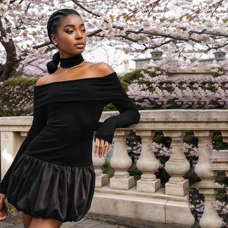 Европейское и американское сексуальное платье-баллон с открытыми плечами, черно-бежное лоскутное, приталенное - с длинным рукавом, коллекция осень/зима.