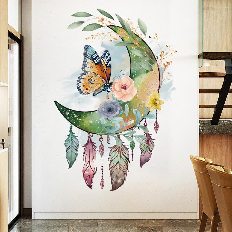 Наклейки на стену Ловец снов с бабочками, Теплые, Наклейки для спальни, Декор изголовья, Самоклеящиеся, Наклейки на стену