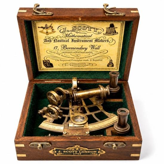 Nautical Brass J. Scott Ship Sextant with Wooden Box, Working Navigation Instrument, Maritime Collectible, Antique Brass Sextant Gift