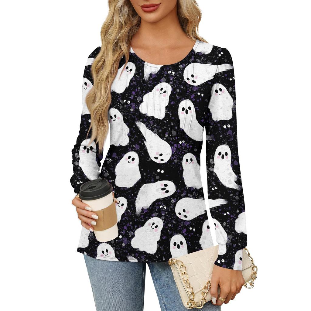 Long Sleeve Shirts For Women Cute Print Graphic Tees Blouses Dressy Casual Blouses Pleated Scooped Neck Tunic Tops Halloween