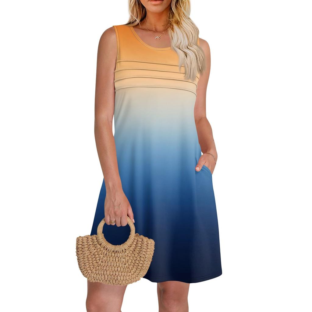 Женские летние платья с круглым вырезом, плиссировкой спереди, без рукавов, карманами, сарафаном, повседневным платьем