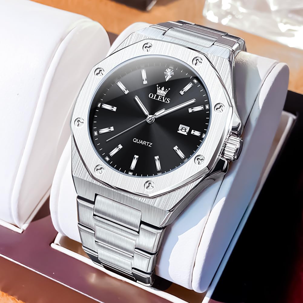 Olevs Octagonal Analog Stainless Large Date Black Men's Watch, Silver, Waterproof, Quartz, Steel, Men's, Dial,