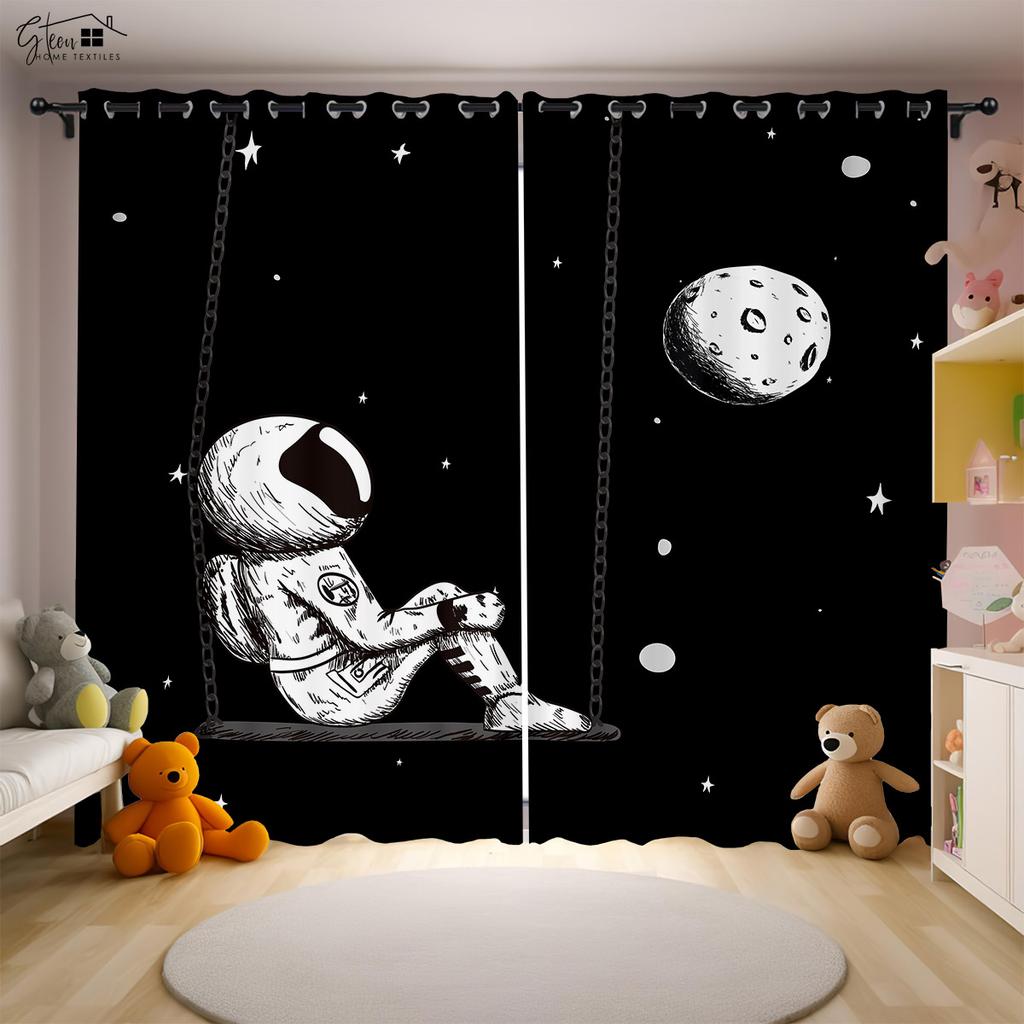 Аэрокосмический мультфильм 3D Печатные шторы Астронавт Космонавт Космический корабль Ракета Запуск Спальня Кабинет Детская комната Шторы 2 ШТ