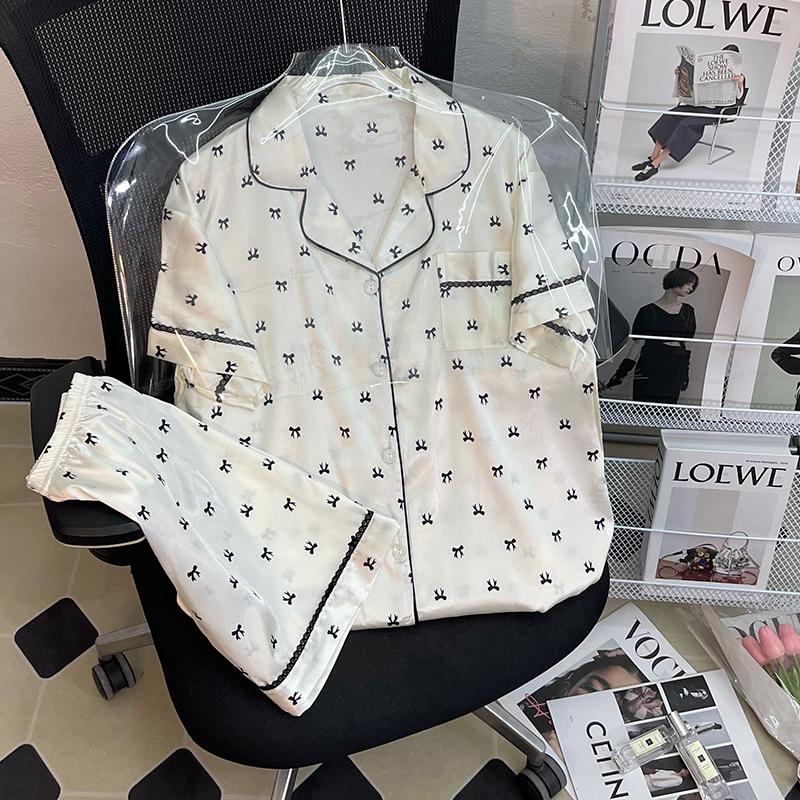 Летняя новая женская милая атласная пижама с цветочным принтом, короткий рукав + брюки, женская милая домашняя одежда, повседневная одежда