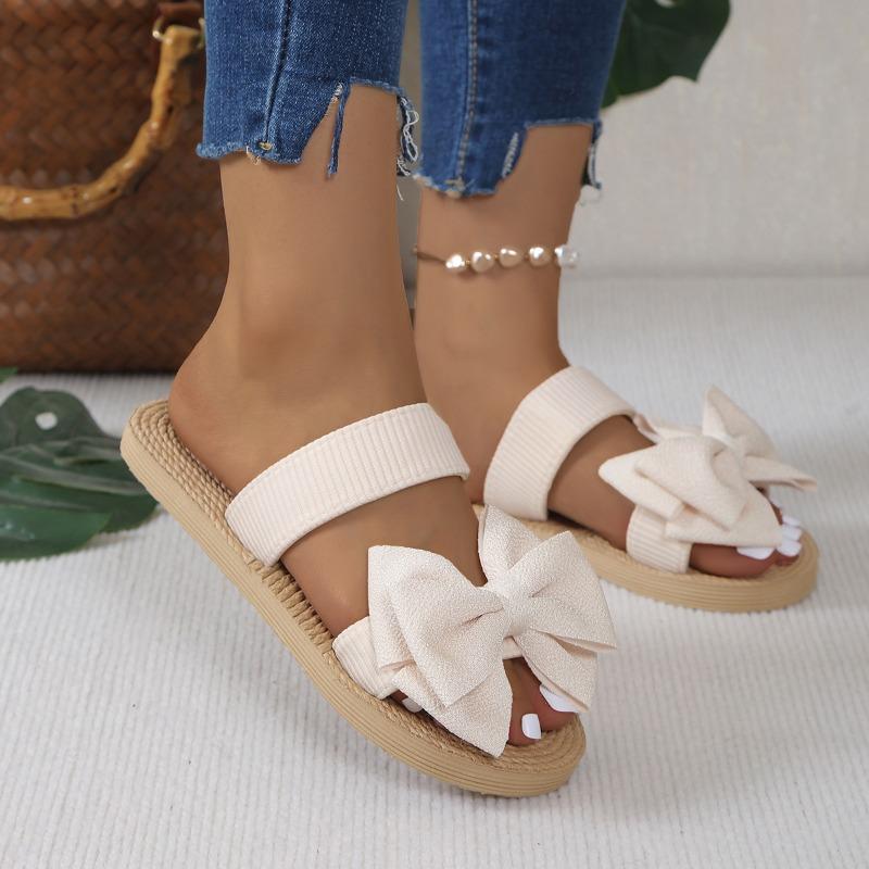 Women's Summer Sandals Women's Solid Color Bows Outside The Beach Wear Flat Bottom Large Size Sandals