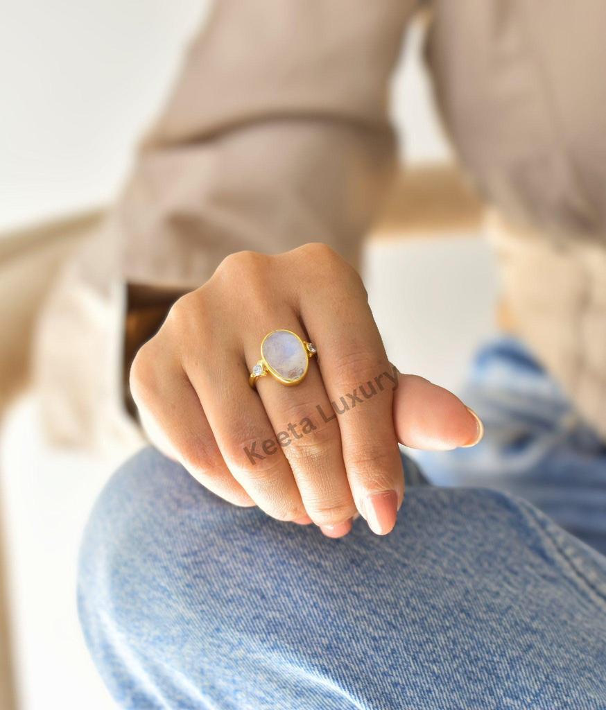 Natural Moonstone Rose cut ovalish ring 14k gold ring for women faceted moonstone handmade fashion ring Healing crystals unique jewelry