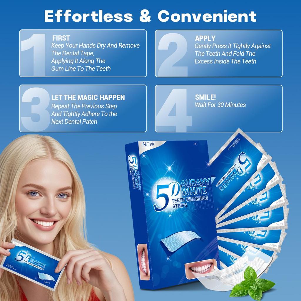 5D Отбеливающие полоски для зубов с технологией, безопасной для эмали, для чувствительных зубов - Эффективны против пятен от кофе и вина - Доступны в наборах по 7, 14 или 21 паре