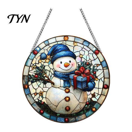 Durable Acrylic Holiday Signage Christmas 2D Hanging Ornaments, Stained Glass Style Snowman Santa Snowflake Lightweight Wall Ornaments Window