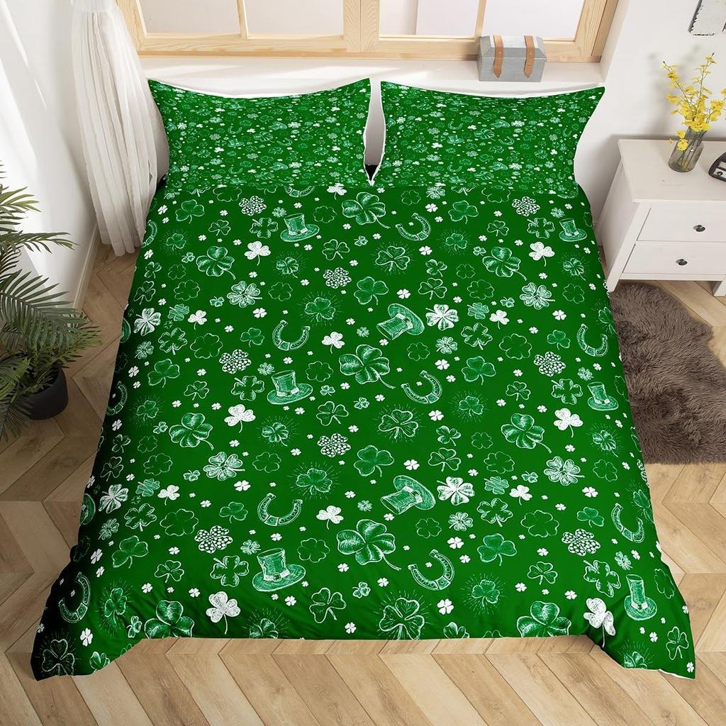 Kids Happy St. Patrick'S Day Duvet Cover Twin Queen Green Clover Comforter Cover With 2 Pillowcases, Colorful Plank Bedding Set
