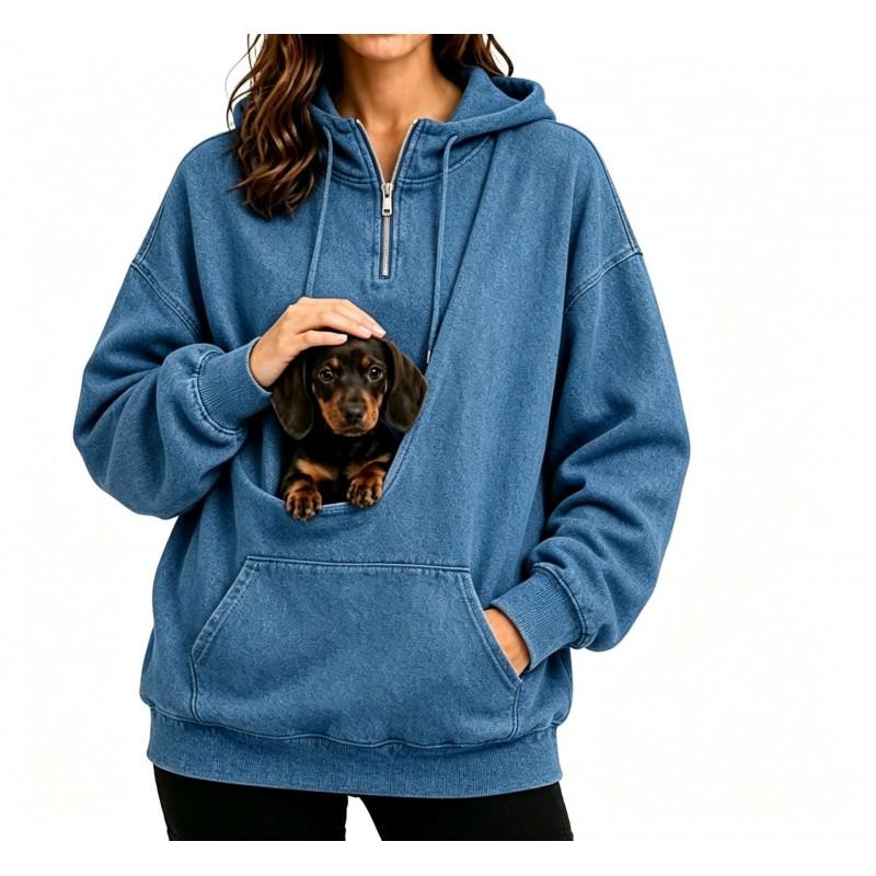 Womens Half-Zip Hooded Sweatshirt With Pet Pocket Loose Fit Fall Winter Top Small Dogs