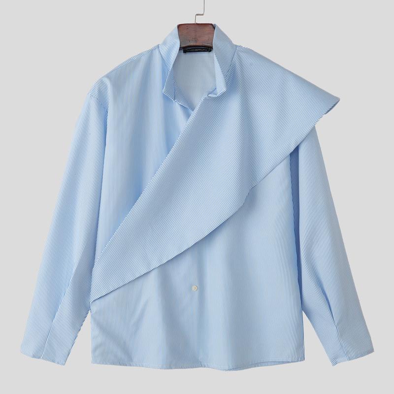 INCERUN Men Long Sleeve Front Cross Irregular Layers Patchwork Striped Casual Cape Shirts
