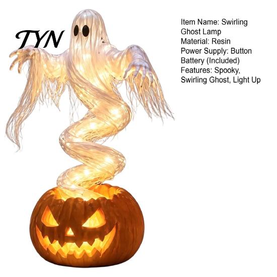 Outdoor Halloween Decorations Swirling Ghost Pumpkin Yard Lamp, Lighted Spooky Fall Season Decor Statue, Warm LED Decoration for Porch Garden